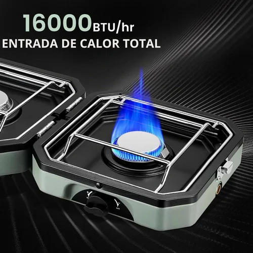 Vista 4 de Estufa de campamento de propano de 2 quemadores con parrilla, estufa portátil de propano de 16000 BTU con 2 quemadores ajustables e encendido