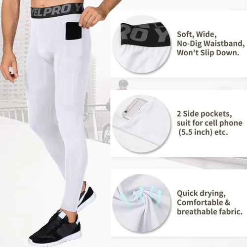 Vista 2 de Queerier Men's Compression Pants Running Tights Pockets Sports Spandex Leggings Workout Cycling Athletic Thermal Pant