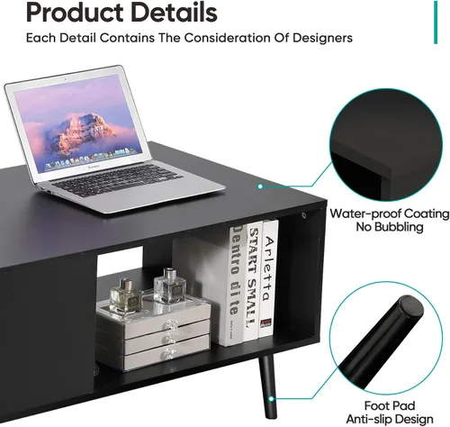 Vista 5 de SUPER DEAL Mesa auxiliar de 2 niveles para sala de estar, mesa central rectangular de 40 pulgadas con estante de almacenamiento abierto, mesa