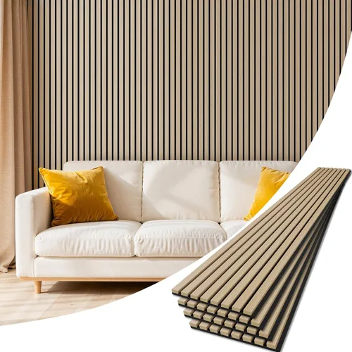 Vista 11 de Paquete de 4 paneles de madera para pared, 47.24 x 12.79 pulgadas, paneles de pared de listones de madera acústica para decoración de interiores