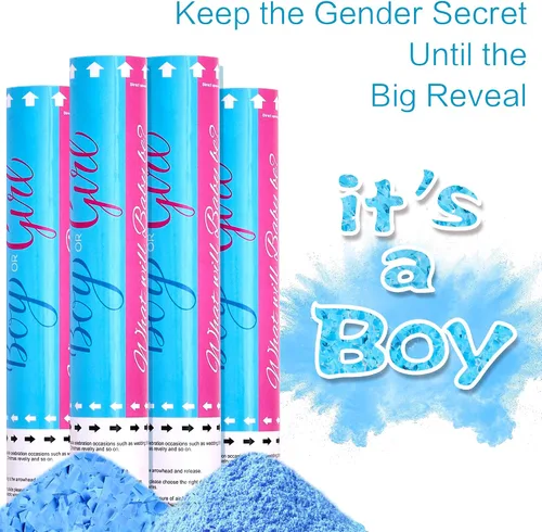 Vista 4 de Cañones de Confeti Azul o Rosa de 12 Pulgadas, Confeti en Polvo para Revelación de Género de Niño o Niña, Juego de 4 Cañones de Humo, Decoraciones