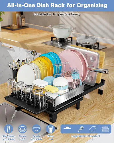 Vista 6 de Escurridor de platos expandible para encimera de cocina, acero inoxidable 304, placa retráctil abatible, ajustable multidireccional, estante