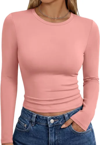 Vista 41 de Trendy Queen Camisetas de manga larga para mujer, camisetas básicas de Verde militar
