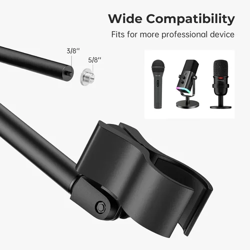 Vista 4 de Soporte para micrófono, soporte de suelo desmontable universal para micrófono con base compacta, altura ajustable de 22 a 67 pulgadas, 2 clips
