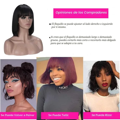 Vista 8 de Rebasar Peluca corta Bob con flequillo pelucas de cabello humano de 8 Negro