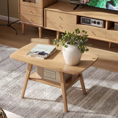 Vista 8 de Mesa de centro 100% de madera de roble maciza para sala de estar, mesa pequeña con almacenamiento en estantes, mesas de centro modernas de mediados
