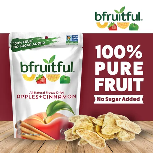 Vista 3 de bfruitful Manzana liofilizada + canela, sin azúcar añadido, paquete de bocadillos de frutas liofilizadas o para niños y adultos, bocadillos