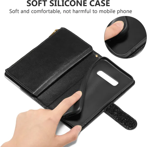 Vista 5 de UEEBAI Funda tipo cartera para Samsung Galaxy S10 Plus, Cartera de piel sintética con cierre magnético, funda de bolsillo con cremallera, ranuras