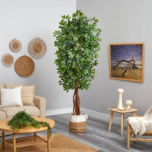 Vista 3 de Nearly Natural Árbol de ficus artificial de lujo de 7.5 pies con cesta de yute y algodón hecha a mano