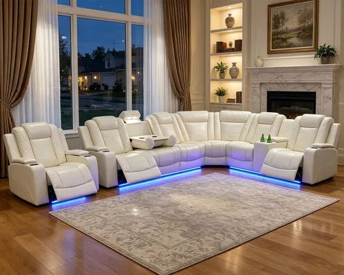 Vista 25 de Juego de sofá modular reclinable eléctrico para sala de estar, sofá modular reclinable de cuero con mesa auxiliar, soporte para tazas, consola