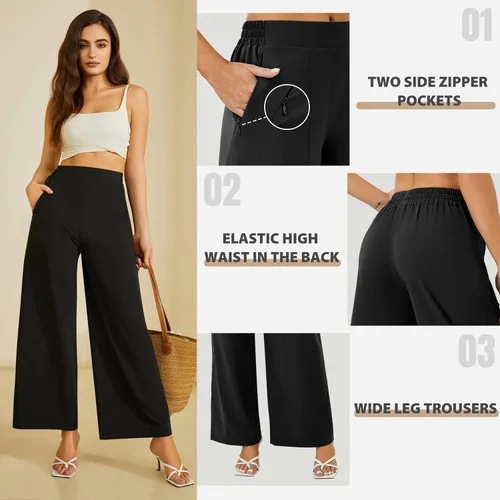 Vista 3 de FireSwan Pantalones de Trabajo de Pierna Ancha para Mujer Cintura Elástica Alta Vestido Pantalones Palazzo Pantalones con Bolsillos con Cremallera