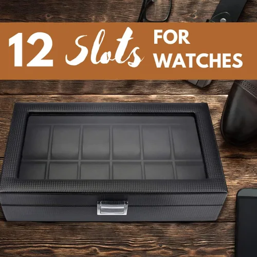 Vista 4 de Mantello Caja de reloj 12 ranuras para hombres Caja de reloj con tapa de cristal grande Organizador de caja de reloj para hombre (negro)