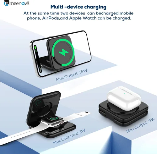 Vista 2 de Meenova Cargador inalámbrico plegable 3 en 1 compatible con MagSafe, Apple iPhone 15 14 13 12, reloj, AirPods, ligero portátil, fuerte atracción