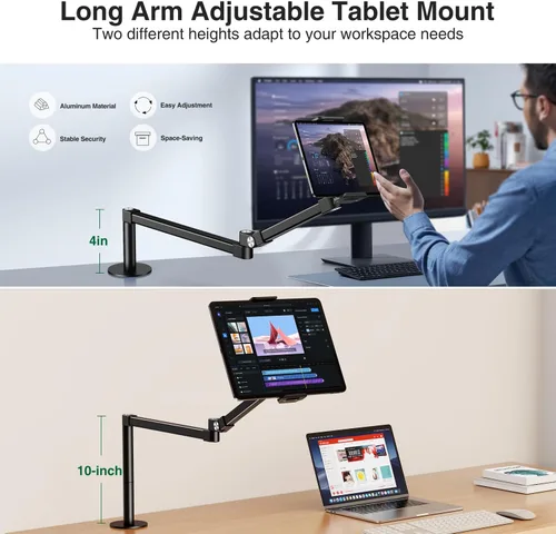 Vista 3 de elitehood Soporte de escritorio para iPad de brazo largo con base de montaje con ojales, soporte de aluminio resistente para tableta, soporte