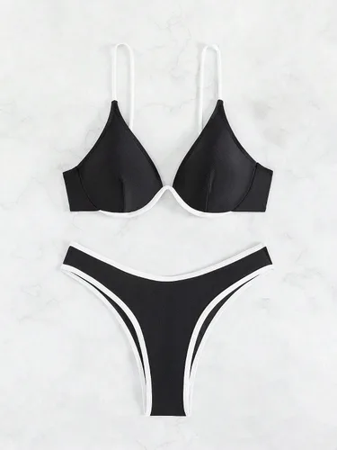 Vista 3 de MakeMeChic Conjunto de bikini de 2 piezas de corte alto con aros para mujer, con tirantes delgados, traje de baño push up