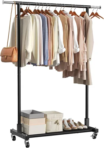 Vista 11 de Luxspire Perchero de doble barra para colgar ropa, perchero con ganchos laterales, estantes inferiores, ruedas de 360°, percheros para dormitorio