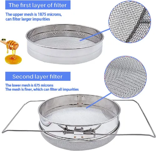 Vista 4 de Colador de miel para cubo de 5 galones de acero inoxidable doble tamiz filtro de miel para miel limpia con brazos extensibles de hasta 16.5 pulgadas