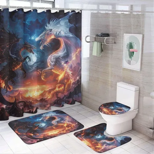Vista 9 de Juego de 4 cortinas de ducha con diseño de dragón y luna de fantasía, juego de decoración de baño con alfombras, tapete de baño, cortina de ducha