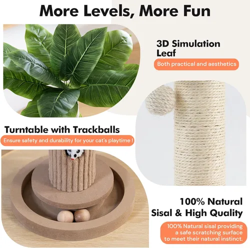 Vista 3 de WOOCHPET Rascador para gatos de interior de 35 pulgadas de alto, rascador de sisal para gatos con juguete de ratón y bolas de pista, base de madera