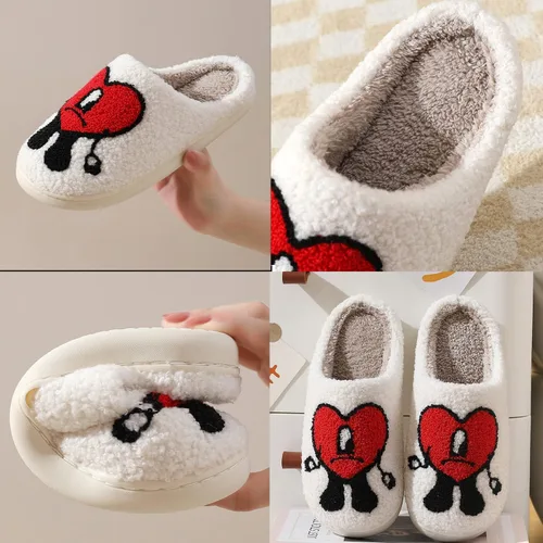 Vista 5 de Pantuflas de conejo malo para mujeres y hombres, pantuflas mullidas y esponjosas cálidas y acogedoras con corazón de amor, zapatos suaves sin