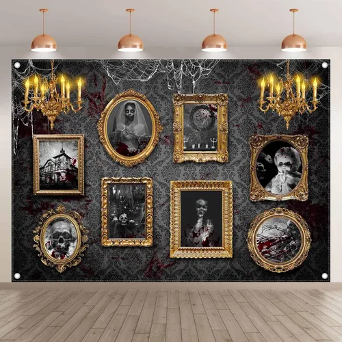 Vista 2 de Telón de fondo de fotografía de casa embrujada de Halloween de 7 x 5 pies, marco de fotos gótico de terror, telaraña aterradora, decoración
