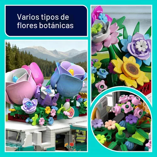 Vista 5 de Juego de bloques de construcción de coche floral, conjunto de construcción de furgoneta camper de la ciudad, colección botánica de flores
