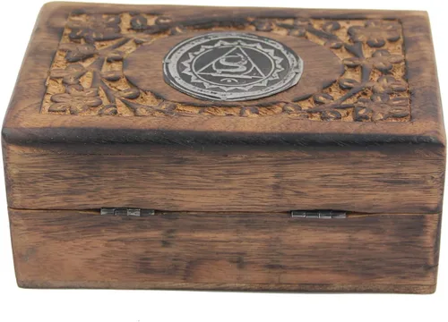 Vista 4 de Caja de almacenamiento de madera tallada a mano para joyería de chakras (garganta)