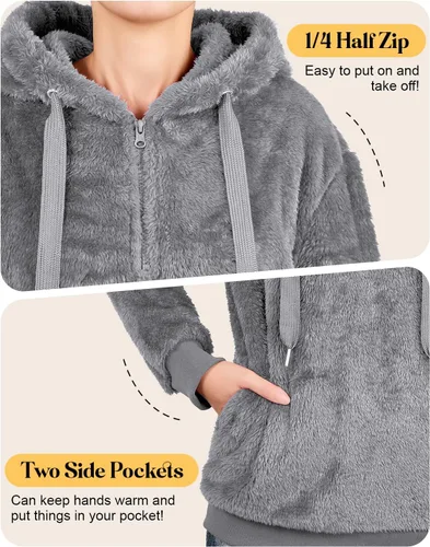 Vista 13 de Century Star Sudadera deportiva mullida de vellón con capucha para mujer de talla extragrande con bolsillos