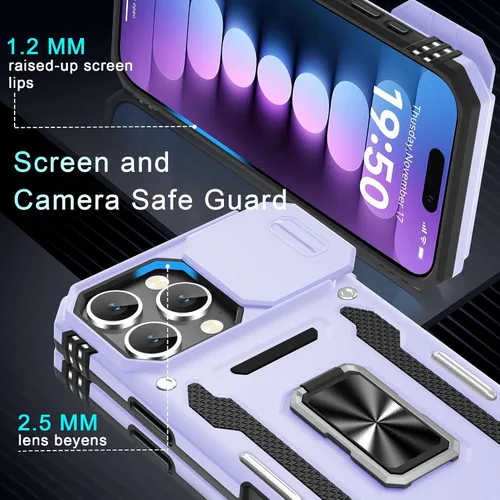 Vista 230 de DEERLAMN Funda para iPhone Xs Max con funda deslizante para cámara + protector de pantalla, soporte giratorio de anillo de grado militar a prueba