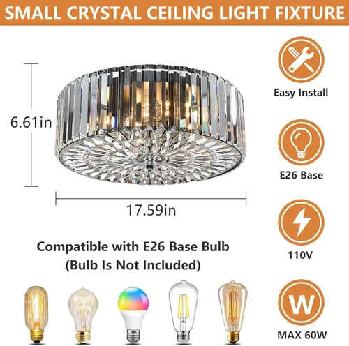 Vista 3 de Large Crystal Ceiling Light, 17.5" Black K9 Crystal Flush Mount Ceiling Light, 4-Light Round Luxury Light Fixture for Dining Room, Bedroom, Hotel
