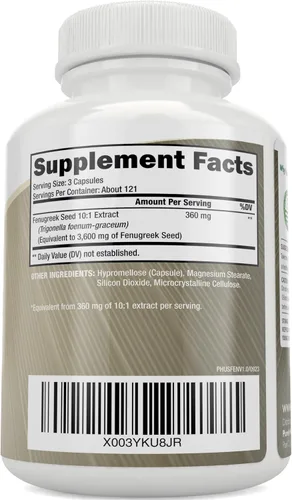 Vista 2 de Purely Holistic Cápsulas de fenogreco de 360 mg por porción, 365 cápsulas veganas, suplemento de lactancia, de semillas de fenogreco, sin OMG