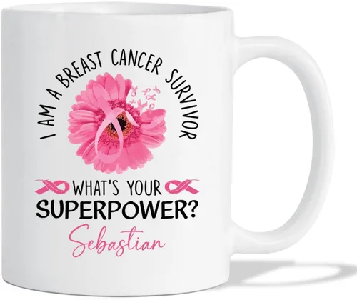 Vista 25 de Taza de café de concientización sobre el cáncer de mama con nombre personalizado, taza de café de 11 onzas, taza de té de cerámica blanca