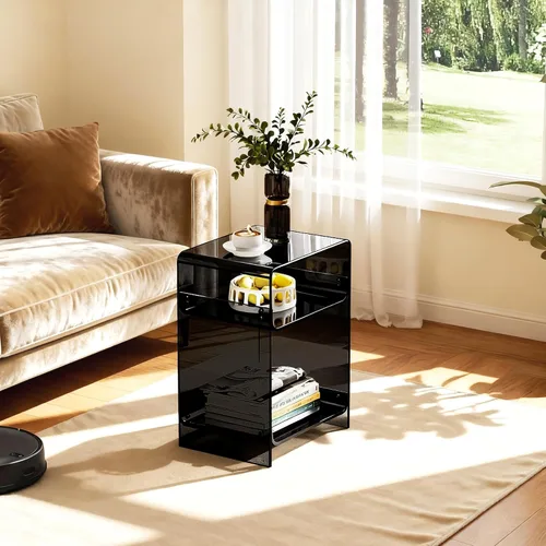 Vista 4 de Mesa de tocadiscos de acrílico con estante de almacenamiento, mesa auxiliar transparente mesita de noche (negro, mediano)