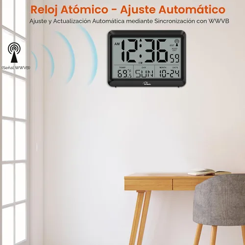 Vista 4 de WallarGe - Reloj de pared digital atómico, funciona con pilas, autoconfiguración, pantalla grande con temperatura, fecha, día de la semana, reloj