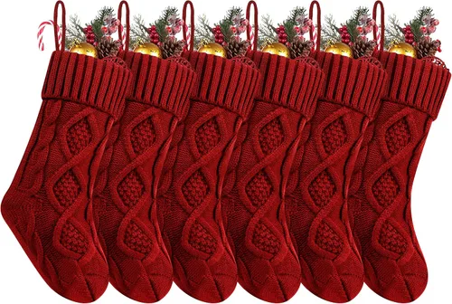 Vista 11 de Fesciory Calcetines de Navidad, paquete de 6 calcetines de punto grandes de 18 pulgadas y decoración para fiestas familiares de Navidad, borgoña