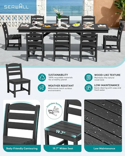 Vista 3 de SERWALL Outdoor HDPE Armless Dining Chairs Set of 2,All-Weather Use,Black Negro