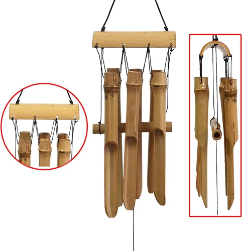 Vista 3 de Carillón de viento de bambú para exteriores, 6 pequeños tubos de campana de bambú para decoración del hogar al aire libre o interior, sonido