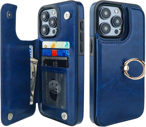 Vista 14 de ONETOP - Funda tipo cartera para iPhone 15 Pro Max con tarjetero de crédito, color negro 360° Rotation Ring Kickstand,Finger Grip,Double Magnetic