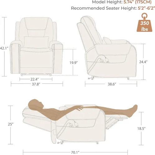 Vista 3 de CHITA Silla reclinable eléctrica para personas mayores con masaje y calor, silla reclinable grande de piel auténtica con soportes para tazas