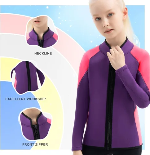 Vista 3 de Trajes de neopreno para niños, 0.118 in, de manga larga, con cremallera frontal, para niños y niñas, para mantener el calor en deportes acuáticos