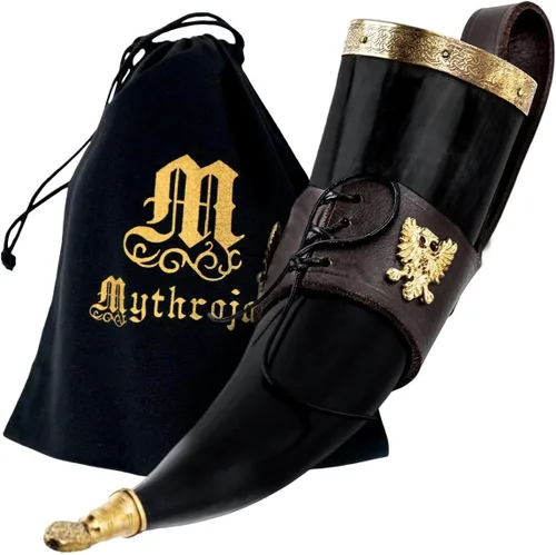 Vista 20 de Mythrojan Cuerno vikingo para beber 100% natural, auténtico, decoración de latón, cuerno nórdico con funda de cuero negro, bolsa de lona para vino