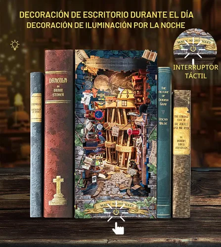 Vista 5 de Spilay - Kit de rincón de libro para adultos, Magic Night Lane DIY Kit de casa en miniatura With Warm LED Light, DIY Wooden Craft for Bookshelf