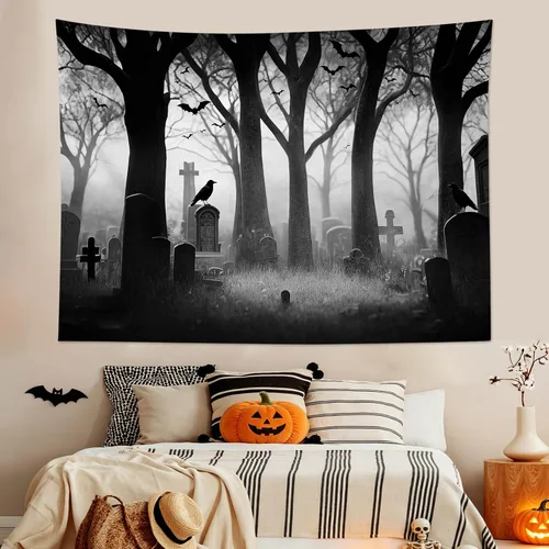 Vista 3 de LB Tapiz espeluznante de cementerio de Halloween, lápida aterradora con árboles muertos, tapiz de bosque para colgar en la pared, tapiz de fondo