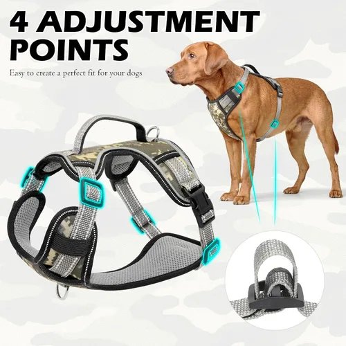 Vista 3 de Arnés reflectante para perro, arnés para perro grande sin tirones, con 2 clips para correa y asa de control, chaleco ajustable de camuflaje suave