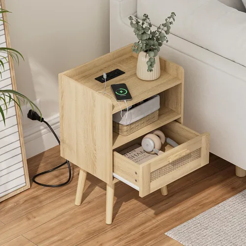 Vista 3 de Masupu Mesita de noche, mesita de noche pequeña con dos cajones, mesita de noche blanca, muebles de noche, mesa auxiliar moderna de mediados