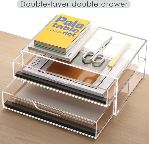Vista 6 de SANRUI Clear Acrylic Drawer Organizer, Desk Organizer with 2 Drawers Thick solid acrylic, non-slip pads, fully assembled, for office vanity