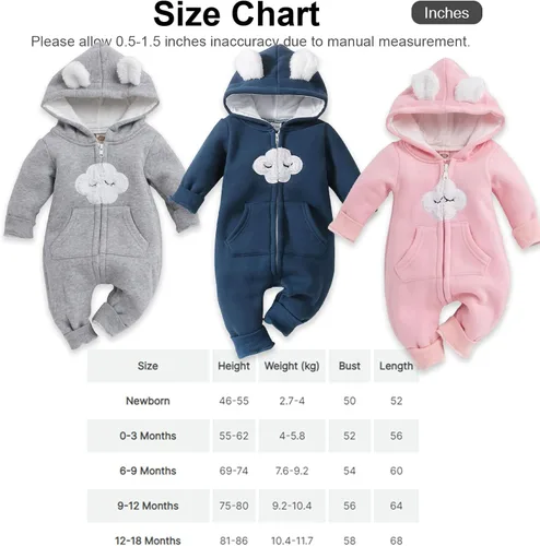 Vista 7 de PATPAT Baby Girls Romper Infant Bodysuit Zipper Hooded Jumpsuit Long Sleeve Footed One-Piece Coverall Fall Winter Outfit