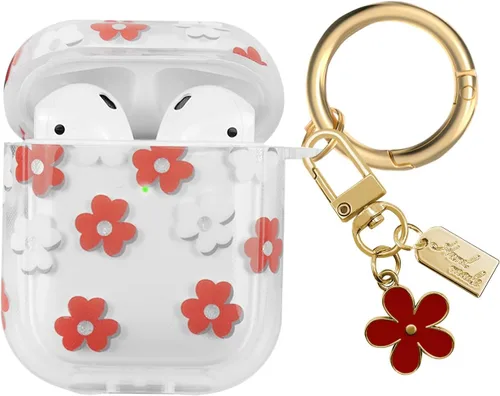 Vista 10 de Funda compatible con AirPods, funda de TPU suave con bonito patrón de flores para AirPods de 2 y 1 generación con llavero colgante y mosquetón
