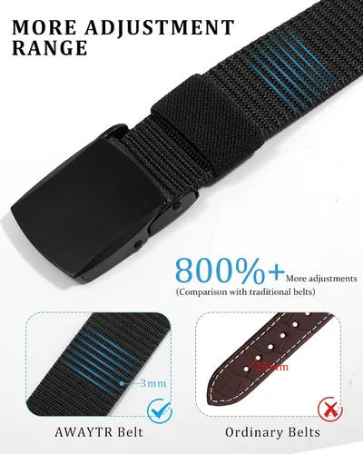 Vista 2 de AWAYTR Cinturón de trinquete de nailon para hombre, sin agujeros, cinturón de tela casual con hebilla de metal deslizante para jeans y golf