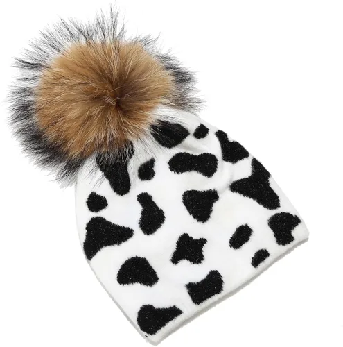 Vista 5 de Joylife Gorro de invierno con pompones de piel y diseño de calavera de punto unisex de doble capa